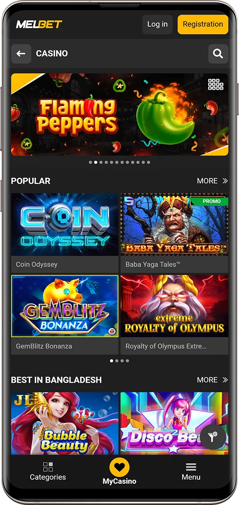 Casino screen in the Melbet BD app